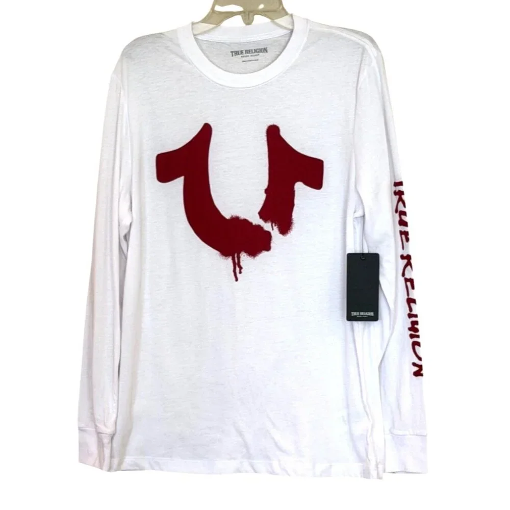 True Religion White Long Sleeve Red Drip Tee Shirt Size Small NWT